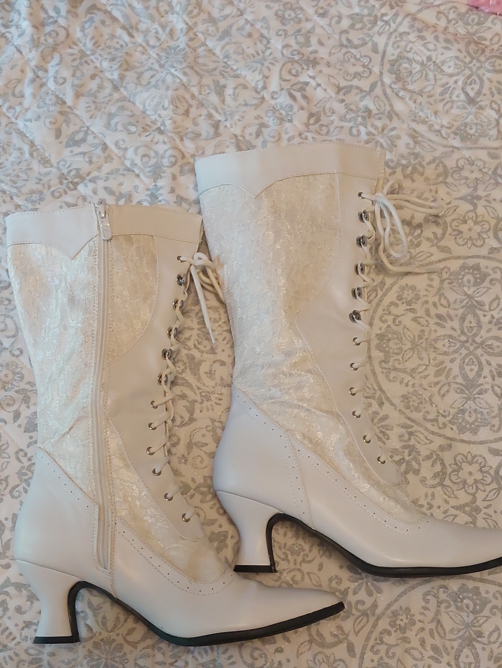 Ellie White Lace-Up Victorian-Inspired Mid-Calf Boots